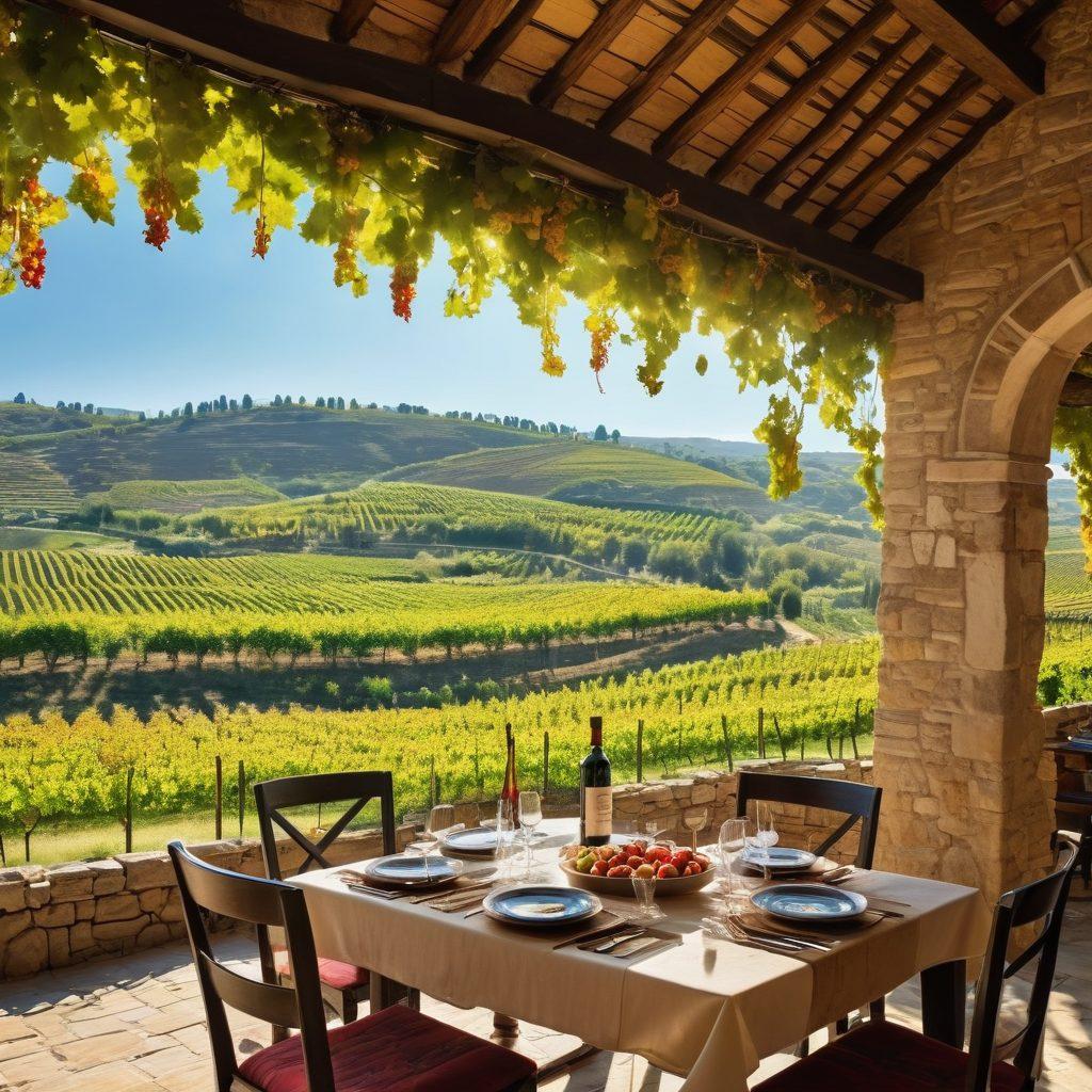 A picturesque vineyard in Turkey with rolling hills and lush grapevines under a clear blue sky. In the foreground, a beautifully set outdoor dining table with traditional Turkish dishes, rich wines, and vibrant colors. Show wine glasses catching the sunlight, and a backdrop of ancient stone architecture that hints at rich cultural heritage. Include a couple of travelers enjoying their culinary experience, with a warm, inviting atmosphere. super-realistic. vibrant colors. natural lighting.